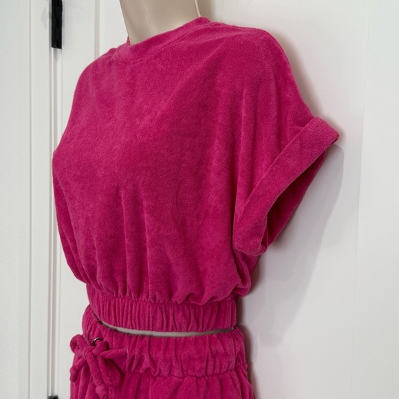 Elan Terry Cloth Matching Set Elastic Hem Crop Top Drawstring Shorts Hot Pink XS - Picture 4 of 10